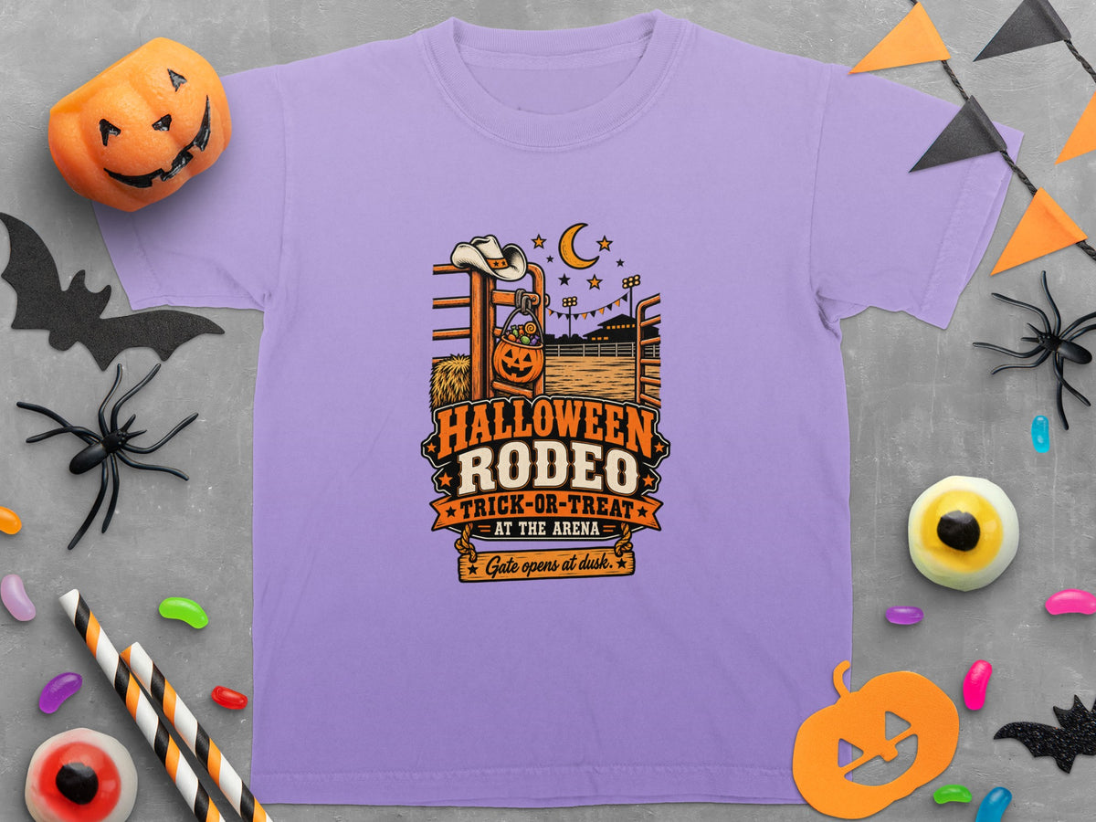 Lavender t-shirt with Halloween Rodeo graphic: trick-or-treat at the arena.