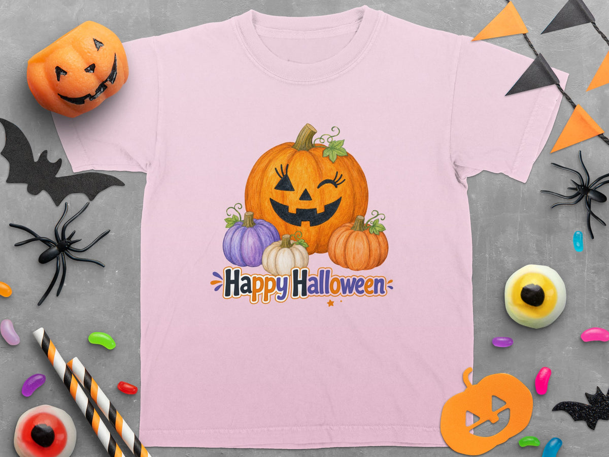 Pink t-shirt with pumpkins and "Happy Halloween" text.
