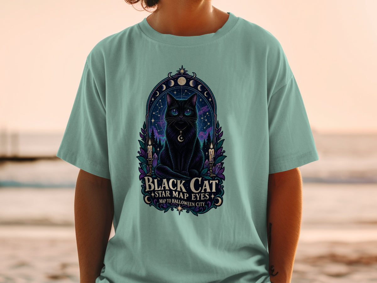 Black cat graphic t-shirt with "Black Cat Star Map Eyes" text.