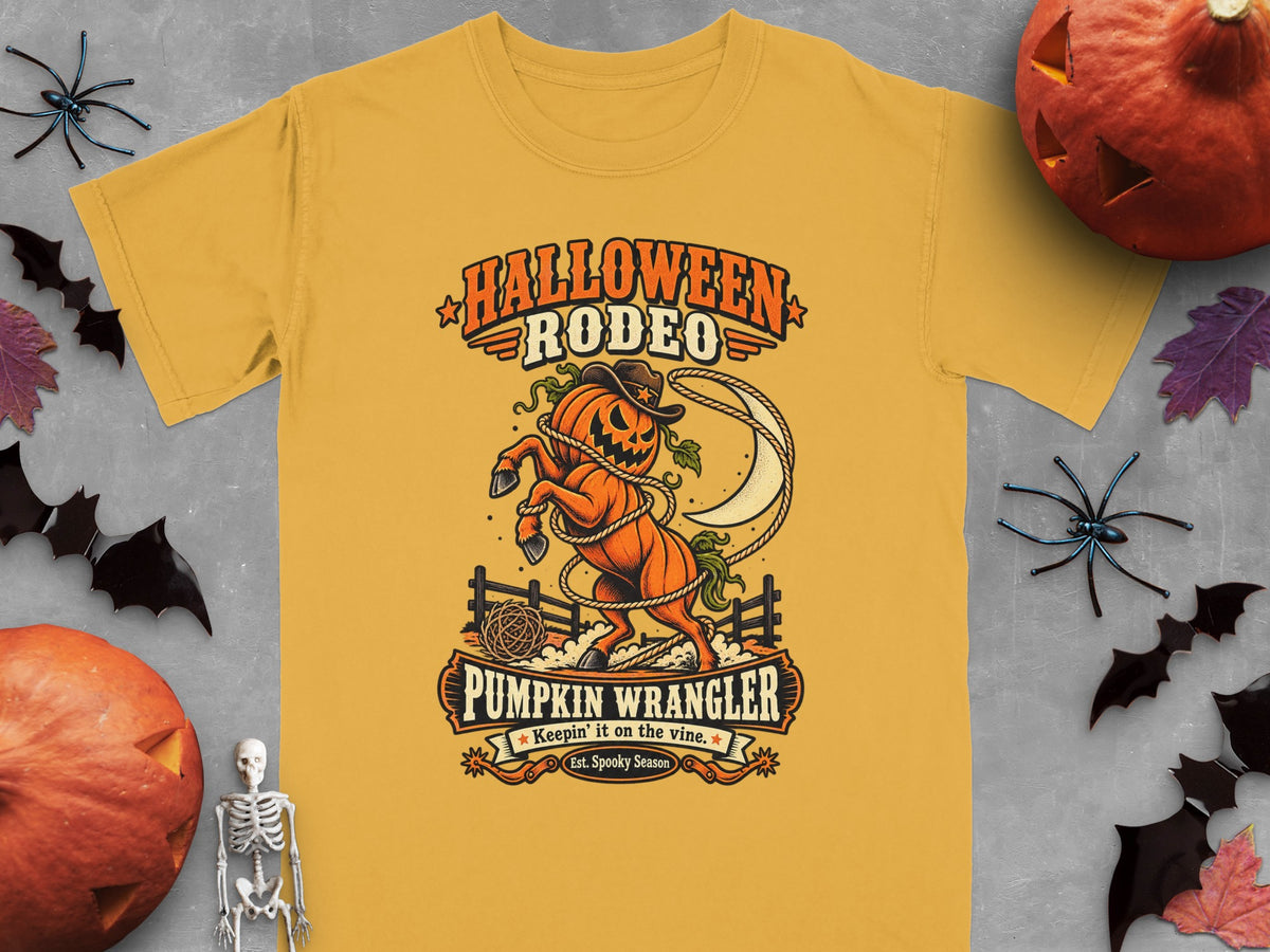 Yellow t-shirt with Halloween Rodeo graphic featuring a pumpkin horse and text.